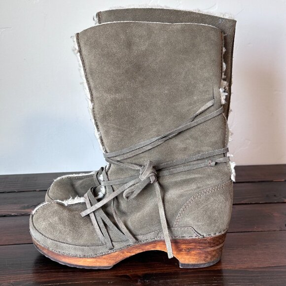 Leather Suede Sherpa Lined Clog Boots Made in Poland - Picture 3 of 5